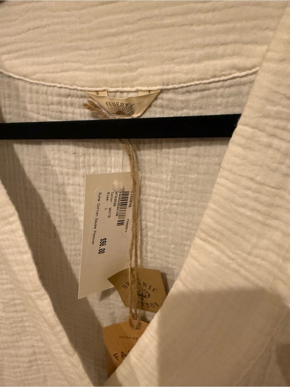 🌊 NEW Faherty Dune 100% Organic Cotton Gauze White V-Neck Popover - Picture 3 of 12